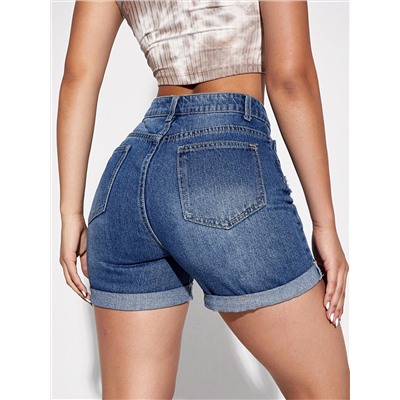 Denim Shorts mit Reißverschluss, Riss Detail und gerafftem Saum