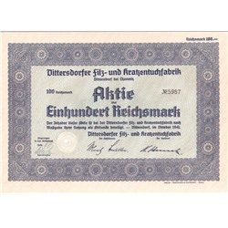 Акция Фабрика войлочных и шерстяных тканей в Хеймнице, 100 рейхсмарок 1941 г, Германия