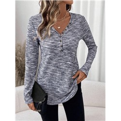 SHEIN LUNE Damen Große Größen Langarm T-Shirt mit V-Ausschnitt und Blumenmuster, schwarzes Shirt, Herbstmode, Reisebekleidung, Flughafen-Outfit