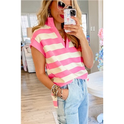 Pink Stripe V Neck Collared Cap Sleeve Top