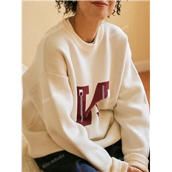 Damen lose sitzender, legerer Pullover mit Rundhalsausschnitt und Buchstaben-Muster