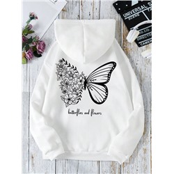 SHEIN EZwear Große Größe Thermal Hoodie mit Schmetterling & Buchstabe Grafik, Känguru-Tasche, Tunnelzug