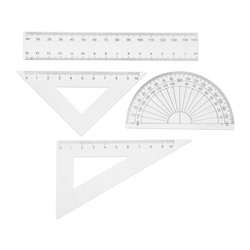 Набор чертежный 4 предмета (линейка 15 см, треугольник11 см/ 30*и 5 см/ 45*, транспортир) прозрачный