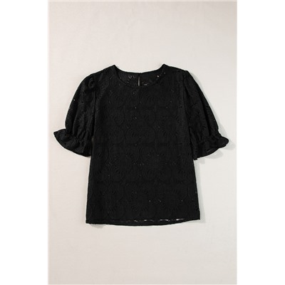 Black Flower Eyelet Jacquard Keyhole Flounce Sleeve Top