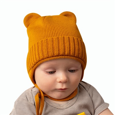 Комплект Шапка "Медвежонок" с завязками и подворотом + снуд ажурный (хлопок). Цвет: горчичный