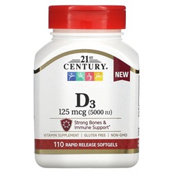 21st Century Витамин D3, 125 мкг (5000 МЕ), 110 мягких таблеток с быстрым высвобождением