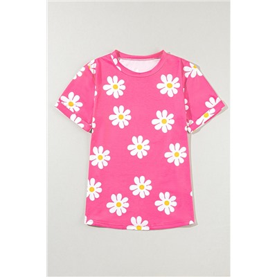 Pink Daisy Printed Crewneck T Shirt