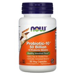 NOW Foods Probiotic-10, 50 миллиардов, 50 вегетарианских капсул - NOW Foods