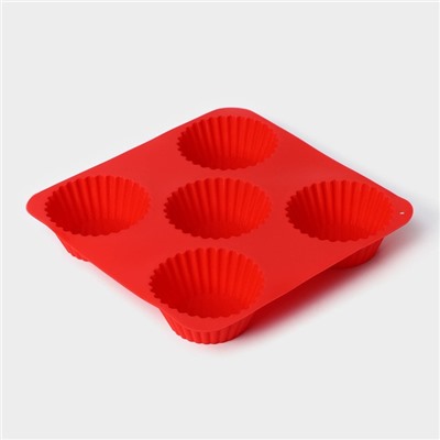 Форма для выпечки Доляна «Сладости.Круг реб», силикон, 18×18 см, 5 ячеек (6,5×6,5×3,5 см), цвет красный
