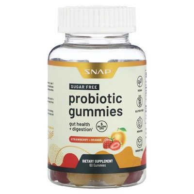 Snap Supplements Жевательные таблетки с пробиотиками, без сахара, клубника + апельсин, 5 миллиардов КОЕ, 60 жевательных конфет