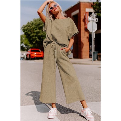 Apricot khaki Textured Loose Fit T Shirt and Drawstring Pants Set