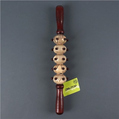 Массажёр «Скалка», универсальный, 36,5 × 5,8 см, 5 шаров с шипами, деревянный