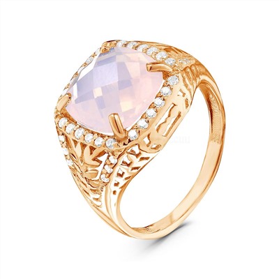 Кольцо из золочёного серебра с пл.кварцем цв.лунный розовый и фианитами 925 пробы 01-1803з121200