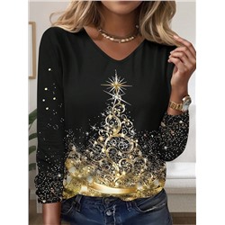 SHEIN LUNE Vintage Weihnachtsbaum bedrucktes Lässig Langarm T-Shirt in Große Größen