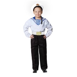 Карнавальный костюм «Моряк в бескозырке» для мальчика, белая фланка, брюки, ремень, р. 34, рост 134 см