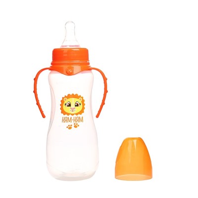 Бутылочка для кормления «Львёнок Лео» детская приталенная, с ручками, 250 мл, от 0 мес., цвет оранжевый