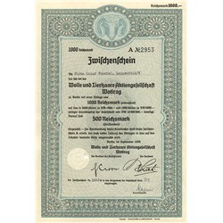 Сертификат Компания по производству шерсти Wotirag, 1000 рейхсмарок 1939 г, Германия