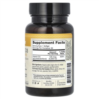 NatureWise Витамин D3, 125 мкг (5000 МЕ), 30 мягких таблеток