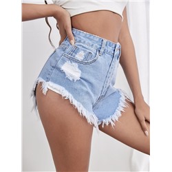 Denim Shorts mit Riss, rohem Saum, hoher Taille,