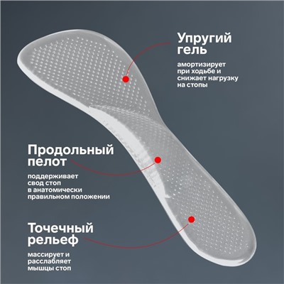 Стельки для обуви, с супинатором, массажные, силиконовые, 19 × 6,7 см, пара, цвет прозрачный