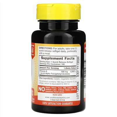 Sundance Vitamins Высокоэффективный E, 180 мг (400 МЕ), 100 мягких таблеток с быстрым высвобождением