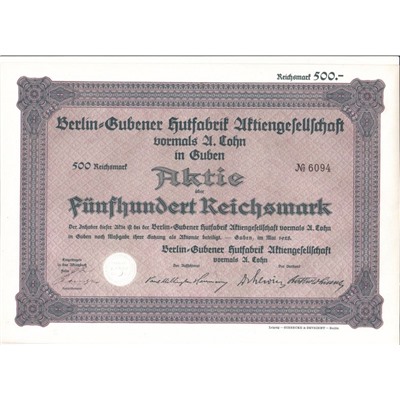 Акция Шляпная фабрика в Берлине, 500 рейхсмарок 1928 г, Германия