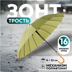 Зонт - трость полуавтоматический «Пастель», 16 спиц, R = 52 см, цвет зелёный