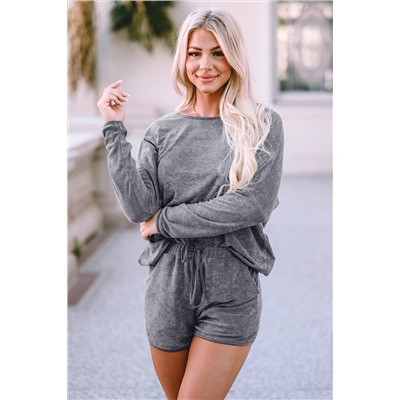 Gray Long Sleeve Top and Drawstring Shorts Lounge Set