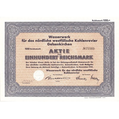 Акция Гидротехнические сооружения Северо-Вестфальского угольного месторождения Гельзенкирхен, 100 рейхсмарок 1941 год, Германия
