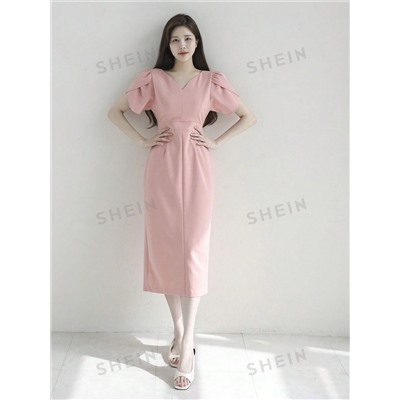 DAZY Damen Sommerkleid in elegantem Rosa mit V-Ausschnitt und Puffärmeln