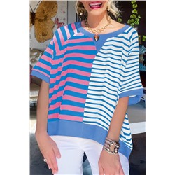 Blue Stripe Contrast Patchwork Oversized T Shirt