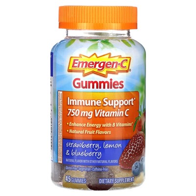 Emergen-C Жевательные конфеты для поддержки иммунитета, клубника, лимон и черника, 45 жевательных конфет