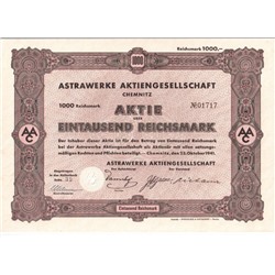 Акция Печатная и вычислительная техника Astra в Хеймнице, 1000 рейхсмарок 1941 г, Германия