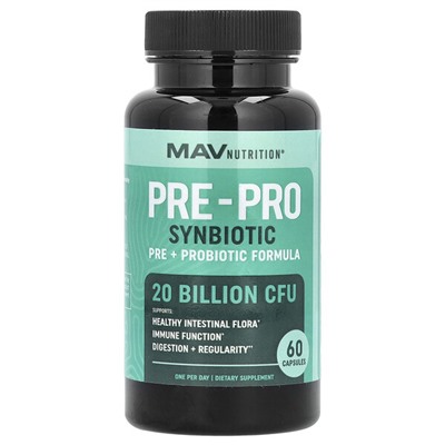 MAV Nutrition Pre-Pro Synbiotic, Pre + Probiotic Formula, 20 Billion CFU, 60 Capsules