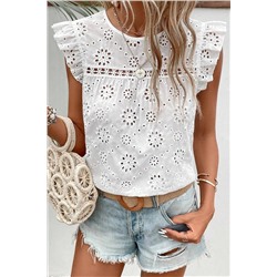 White Eyelet Embroidered Ruffled Flutter Sleeve Blouse