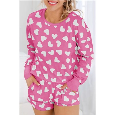 Pink Valentine Heart Shape Print Long Sleeve Top Shorts Lounge Set