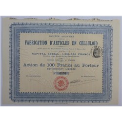 Акция Изготовление изделий из целлулоида, 100 франков 1908 года, Франция