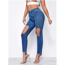 SHEIN Jeans mit hoher Taille, Ausschnitt, umgesäumtem Saum