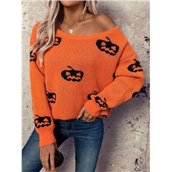 SHEIN LUNE Damen Pullover mit Kürbis Muster für Halloween