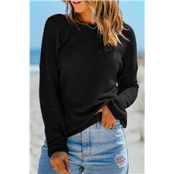 Black Waffle Knit Drop Shoulder Long Sleeve Top