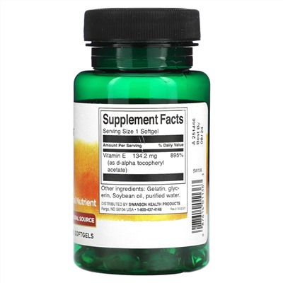 Swanson Натуральный витамин Е, 134,2 мг, 100 мягких таблеток