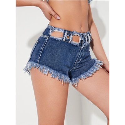 Denim Shorts mit Ausschnitt auf Taille, umgesäumtem Saum