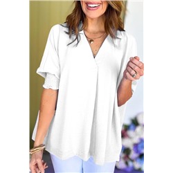 White Boxy Collared Smocked Sleeve Cuffs Blouse