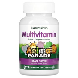 NaturesPlus Source of Life, Animal Parade, жевательная мультивитаминно-минеральная добавка для детей, виноград, 90 таблеток в форме животных
