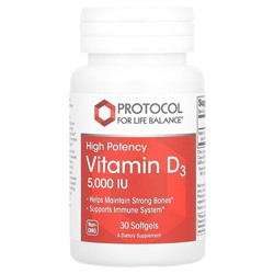 Protocol for Life Balance Витамин D3, высокая эффективность, 5000 МЕ, 30 мягких таблеток