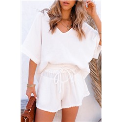 White Relaxed V Neck Blouse and Drawstring Raw Hem Shorts Set