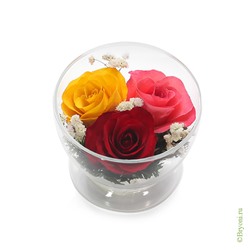 Композиция из жёлтых, красных и розовых  роз (арт. CuSr5с) в подарочной упаковке