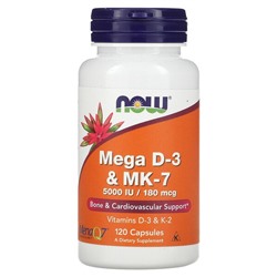 NOW Foods Mega D-3 & MK-7 - 5000МЕ/180 мкг - 120 капсул - NOW Foods