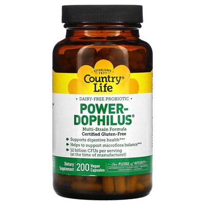Country Life Безмолочный пробиотик, Power-Dophilus, 200 веганских капсул