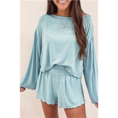 Sky Blue Long Sleeve Top & Shirred High Waist Shorts Set